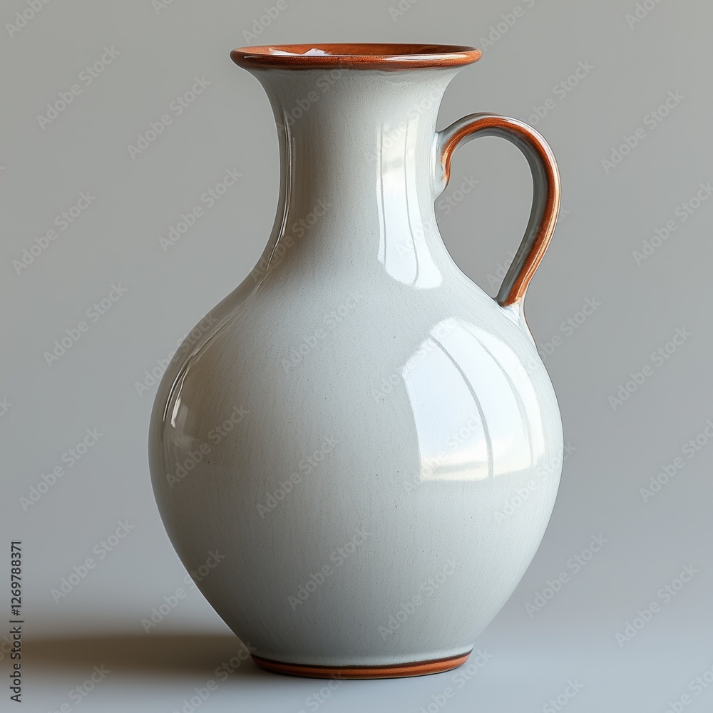 A beautifully crafted ceramic jug with a smooth, reflective surface, a curved handle, and subtle earthy-toned edges, set against a neutral background. A beautifully crafted ceramic jug with a smooth, reflective surface, a curved handle, and subtle earthy-toned edges, set against a neutral background.