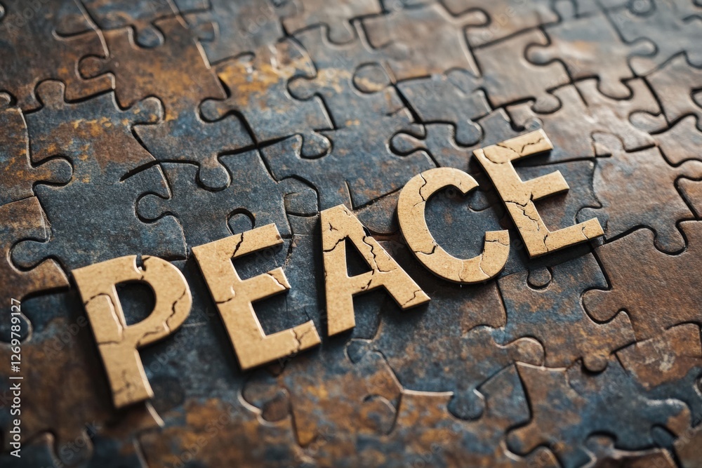 Broken puzzle pieces reveal the word peace in contemporary art display. Generative AI Broken puzzle pieces reveal the word peace in contemporary art display. Generative AI