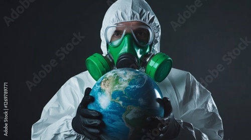 a man in hazmat clothing holding a globe with two green gas masks on
