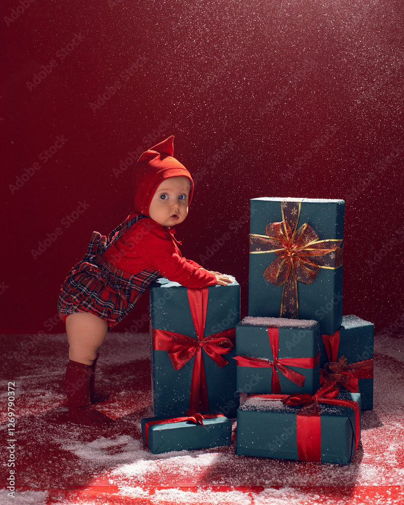 A 1 year old girl in a red hat and plaid clothes stands with boxes of Christmas gifts in the studio on a red.