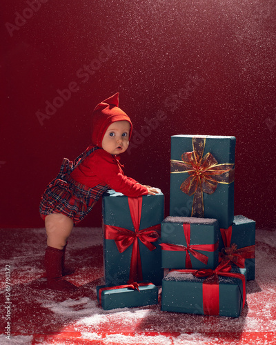 Obraz na płótnie A 1 year old girl in a red hat and plaid clothes stands with boxes of Christmas gifts in the studio on a red. w salonie