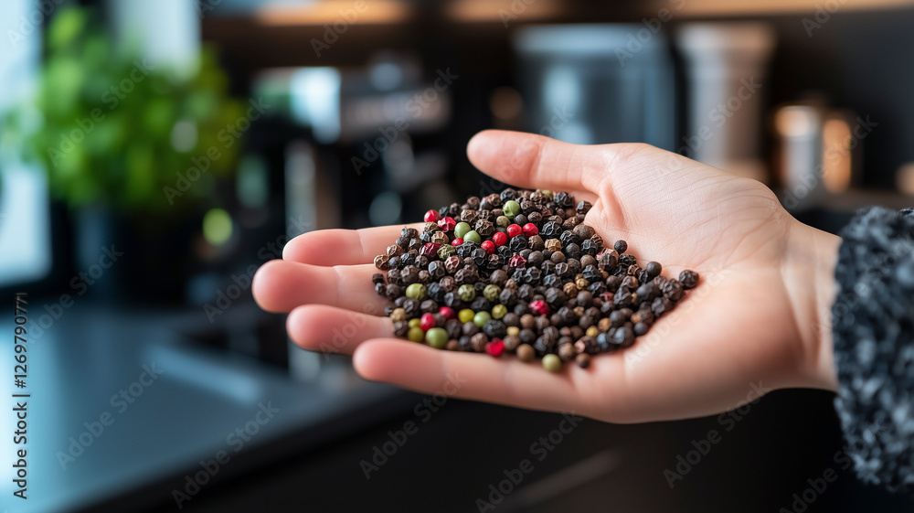 Hand Holding Peppercorns in Modern Kitchen Hand Holding Peppercorns in Modern Kitchen