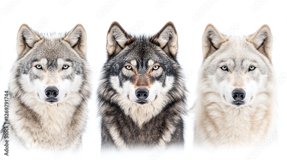 Collection of white, grey and black wolf portraits isolated on a white background. Collection of white, grey and black wolf portraits isolated on a white background.