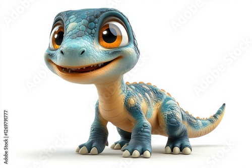 Cute animated dinosaur character smiles happily with bright eyes and colorful skin in a friendly pose photo