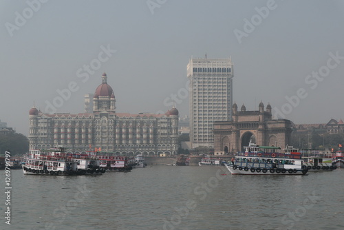 The Gateway of India and boats from the Mumbai Harbour in Mumbai, India