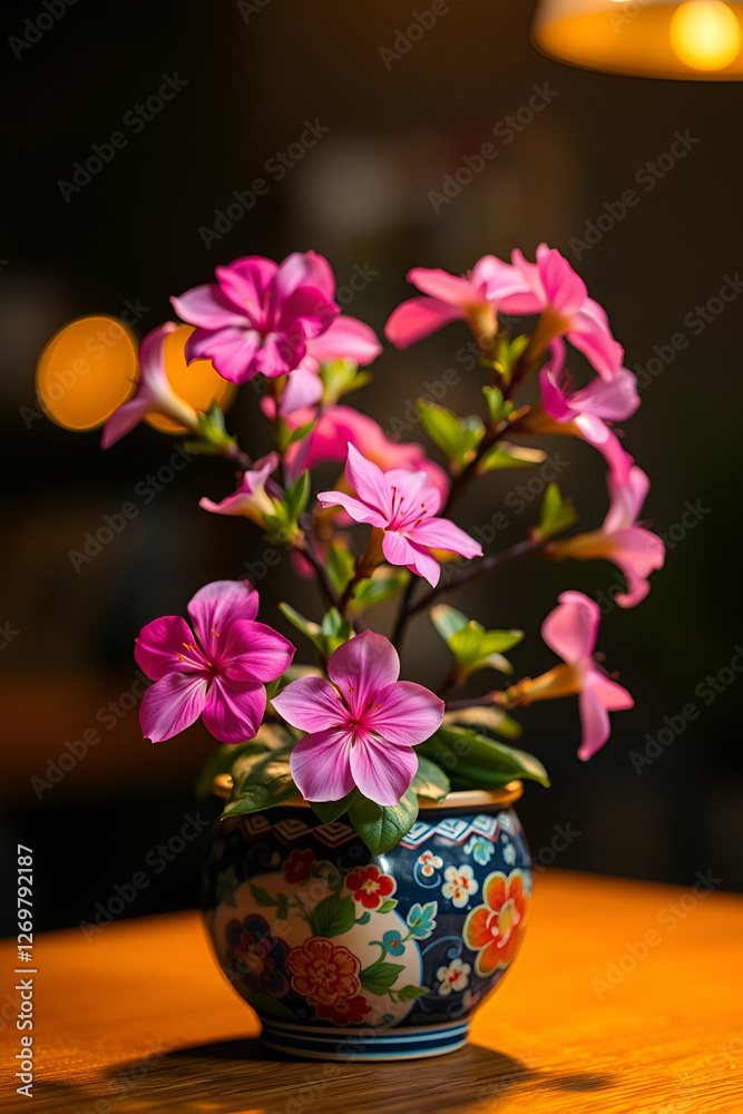 Pink and yellow blossoms in ornate ceramic vase with floral patterns on wooden surface and warm bokeh background Pink and yellow blossoms in ornate ceramic vase with floral patterns on wooden surface and warm bokeh background