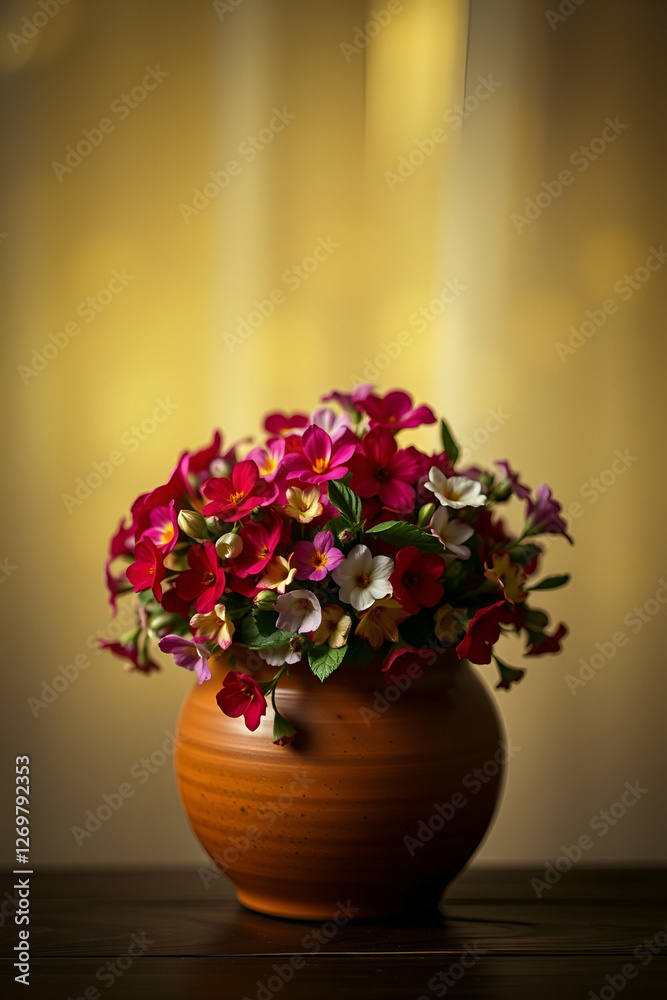 Pink and yellow blossoms in ornate ceramic vase with floral patterns on wooden surface and warm bokeh background Pink and yellow blossoms in ornate ceramic vase with floral patterns on wooden surface and warm bokeh background