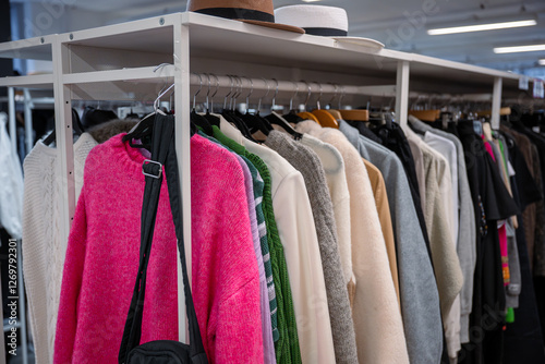 Clothing rack filled with sweaters, jackets, and hats in a thrift store.	