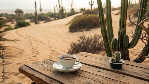 Enjoying coffee amidst a serene cactus garden in a sandy desert landscape during sunset hours