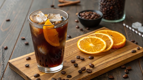 Cold brew coffee served in a tall glass with orange slices on a wooden board surrounded by coffee beans and spices