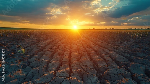 Brown withered crops scattered across a lifeless cracked field under the sun