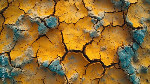 High aerial view of a parched cracked agricultural field suffering from extreme drought