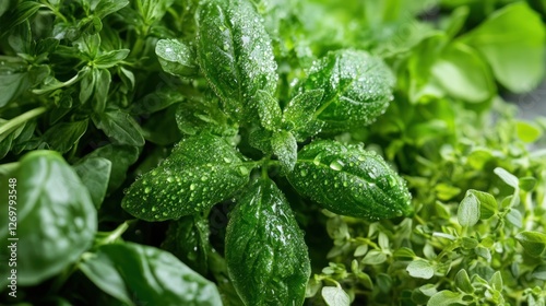 Wallpaper Mural Fresh culinary herbs close-up with water droplets showing vibrant green colors Torontodigital.ca