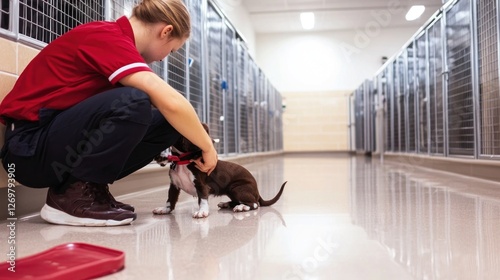 A volunteer lovingly interacts with a rescued dog in a sunlit animal shelter, surrounded by tidy kennels and a welcoming atmosphere