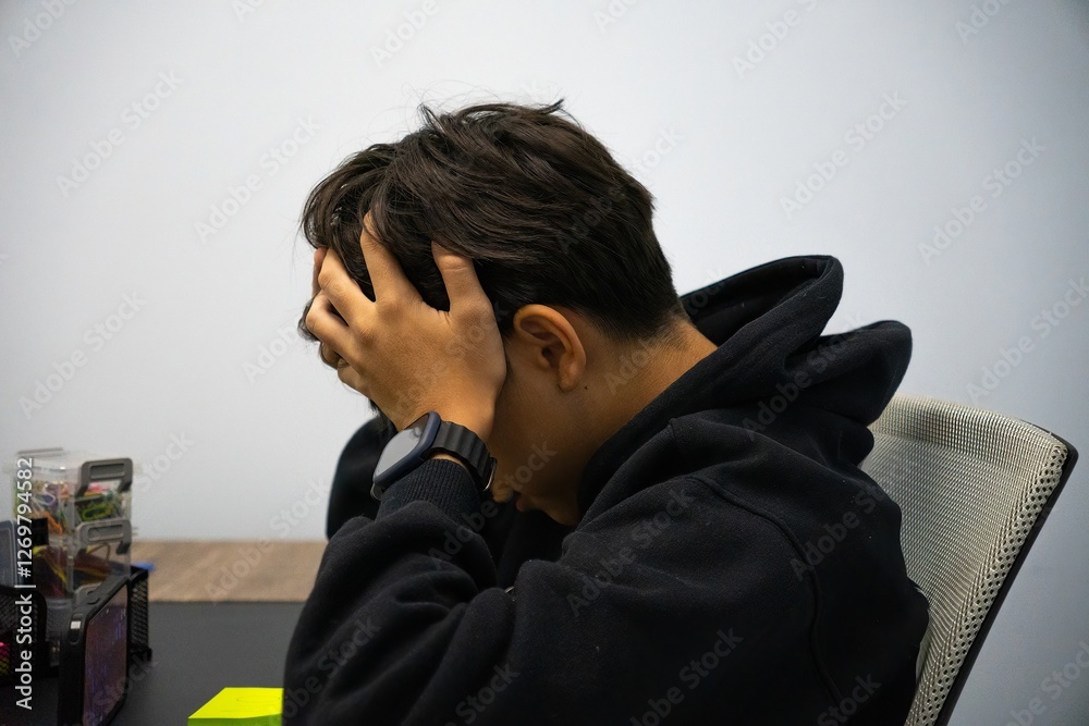 Frustrated Young Boy Holding Head After Smartphone Disappointment Frustrated Young Boy Holding Head After Smartphone Disappointment