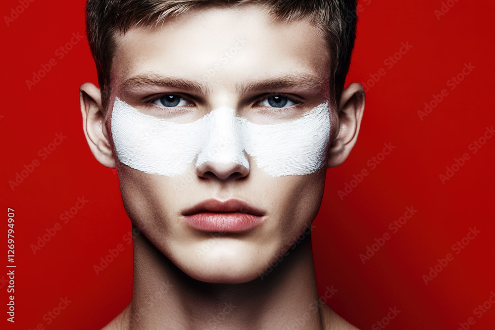 Young male model with face paint against a vibrant red backdrop showcasing artistic expression and modern aesthetics Young male model with face paint against a vibrant red backdrop showcasing artistic expression and modern aesthetics