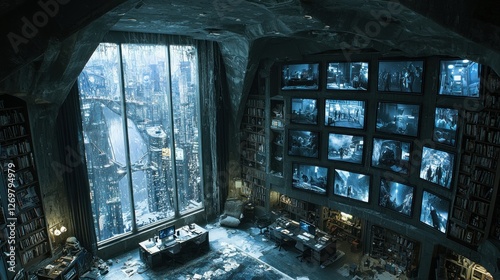Rain-lashed city view from futuristic cave-like office