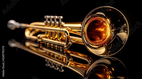 Polished trumpet on black reflective surface, musical instrument, studio shot photo