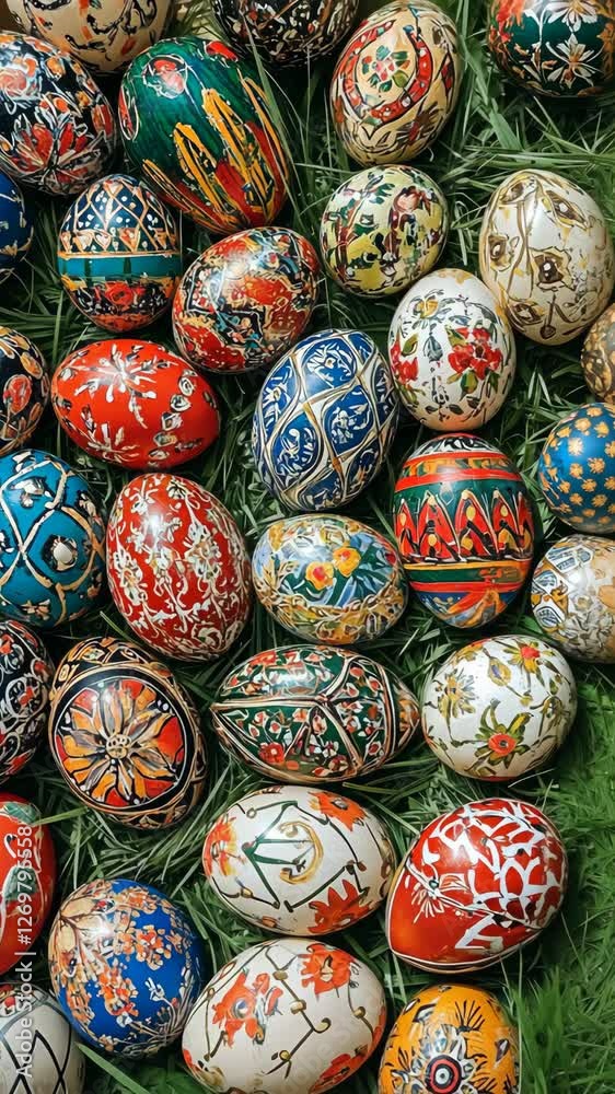 Handcrafted decorative eggs displayed on green grass highlighting intricate designs and vibrant colors during spring festivities Handcrafted decorative eggs displayed on green grass highlighting intricate designs and vibrant colors during spring festivities