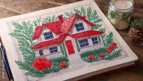 house drawn with pencil in a notebook  on wooden background