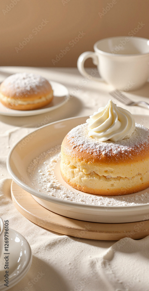 Elegant semla dessert with cream and powdered sugar on table, indulgence Elegant semla dessert with cream and powdered sugar on table, indulgence