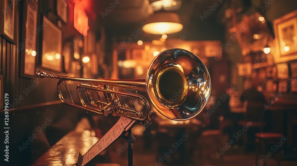 Jazz bar scene with a shiny trombone on a music stand surrounded by vintage decor and dim ambient lighting Jazz bar scene with a shiny trombone on a music stand surrounded by vintage decor and dim ambient lighting