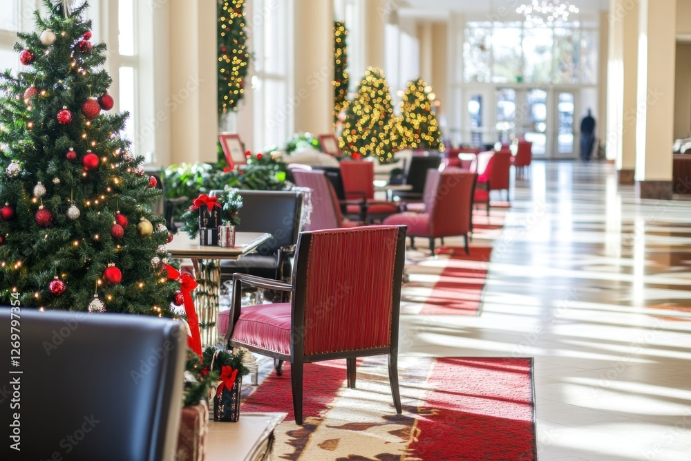 Obraz premium Holiday decorations create a warm and inviting atmosphere with small trees and elegant decor in a festive interior space