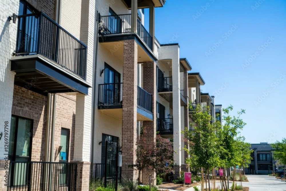 This modern apartment complex features multiple balconies, set against a bright blue sky, highlighting urban living in style This modern apartment complex features multiple balconies, set against a bright blue sky, highlighting urban living in style