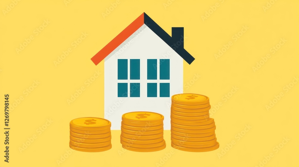 Cartoon house and stacks of coins symbolizing real estate investment Cartoon house and stacks of coins symbolizing real estate investment