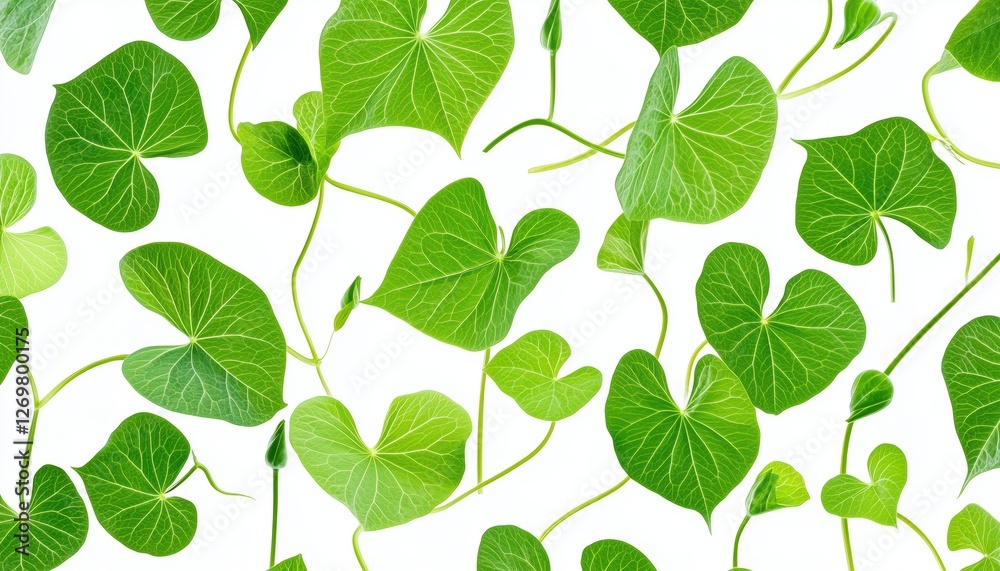 White Background With Green Leaves Pattern Adorned With A Vibrant Morning Glory Leaf. The Design Is Eye-Catching And Elegant. White Background With Green Leaves Pattern Adorned With A Vibrant Morning Glory Leaf. The Design Is Eye-Catching And Elegant.