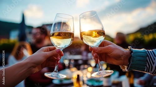 A couple raises their wine glasses in a toast on the deck of a cruise ship at sunset, with soft waves sparkling below and warm colors enveloping them photo
