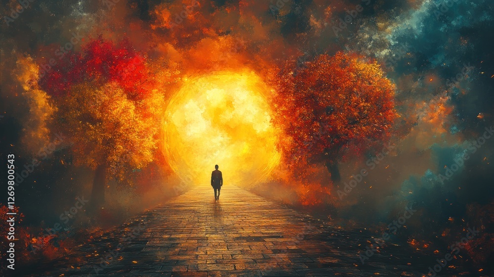 Autumnal path, fiery moon, lone figure, surreal landscape, fantasy art Autumnal path, fiery moon, lone figure, surreal landscape, fantasy art