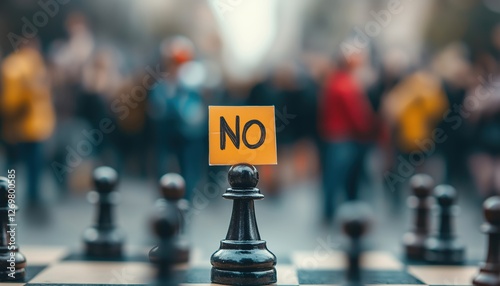 Chess Pawn Protester Rejecting With A No Sign In A Crowd: Advocating Against Corruption, Arbitrariness, Populism, And Nationalism. Promoting Public Awareness. photo