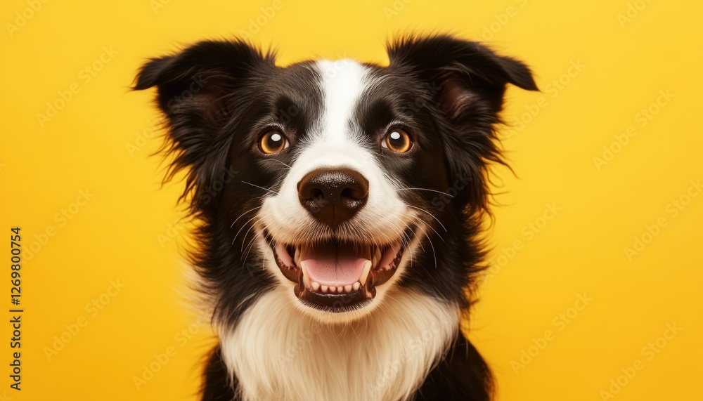 Fototapeta premium Charming Studio Portrait Of Adorable Smiling Border Collie Puppy On Yellow Background: New Addition To Family Waiting For Reward. Pet Care & Animal Love.