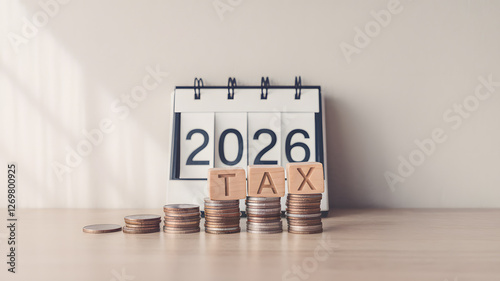 Stacks of Coins with TAX Label and Calendar Year 2026 for Financial Planning