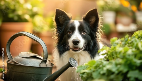 Cheerful Border Collie Pup As Gardener In Garden, Fetching Watering Can For Irrigation. Fun Outdoor Portrait Of Cute Dog. Gardening Adventure With Cute Puppy. photo