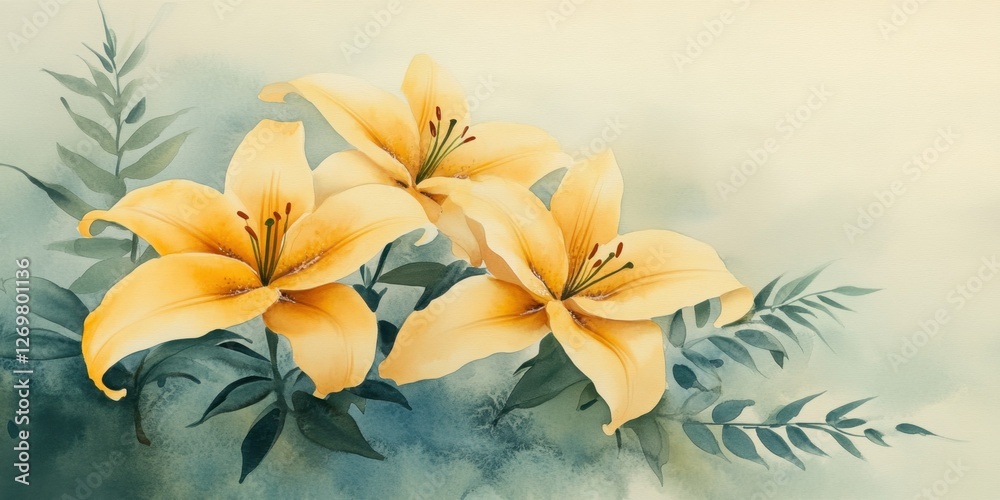 Obraz premium A painting of three yellow flowers with green leaves. The flowers are in the foreground and the leaves are in the background. The painting has a serene and peaceful mood, with the flowers