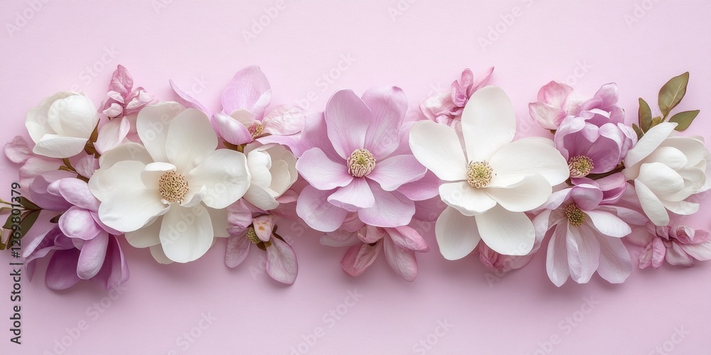 Lavender and white magnolias with pastel pink accents for a dreamy watercolor wedding theme. Lavender and white magnolias with pastel pink accents for a dreamy watercolor wedding theme.
