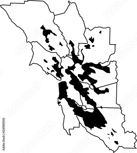 Urbanisation of Bay Area Version 1 San Francisco Bay Area (CALIFORNIA, UNITED STATES) Thin Map Outline Counties (Sonoma, Napa, Solano, Contra Costa, Alameda, Santa Clara, San Mateo, Marin)
