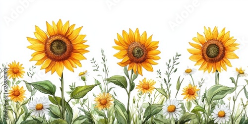 Bright yellow sunflowers and wild daisies in a whimsical watercolor composition for cheerful invitations.