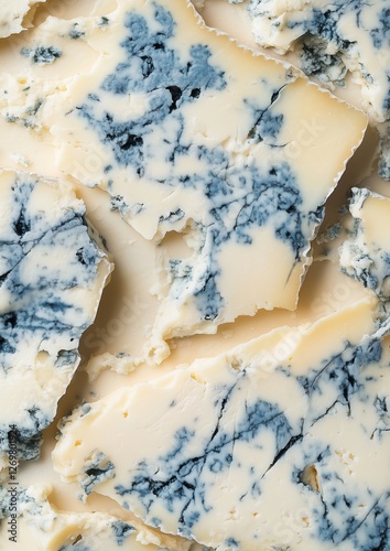 Closeup view of Roquefort cheese. Blue cheese texture illustration.