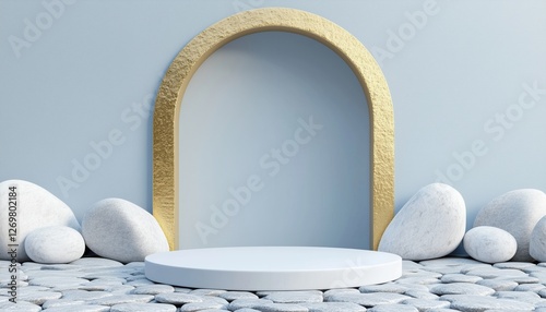 Modern Showcase Scene With Empty Podium Featuring Cobble Rock Stones, Golden Arch, And Abstract Pastel Background For Product Presentation. photo