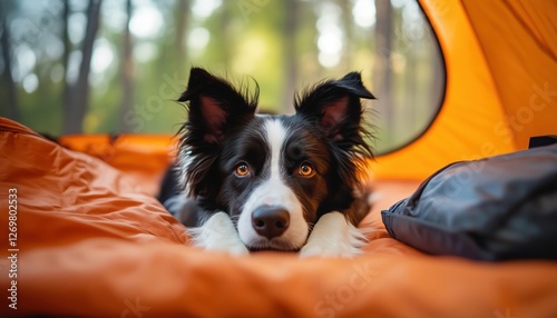 Adorable Border Collie Puppy Lounging In Camping Tent: A Fun Outdoor Portrait Capturing Pet Travel Adventure And Camping Protection. A Perfect Dog Companion For Trip Tourism. photo