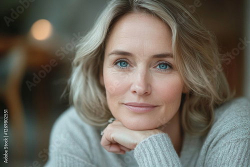 Wallpaper Mural Smiling mature woman with head in hand 
 Torontodigital.ca