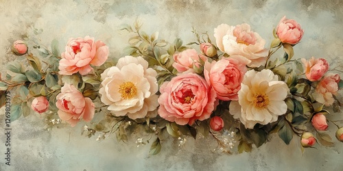 Fototapeta Naklejka Na Ścianę i Meble -  Romantic peonies and roses with watercolor splashes for timeless wedding decor.