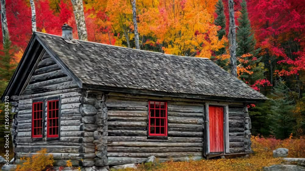 Log cabin surrounded by vibrant autumn foliage in a tranquil forest setting Log cabin surrounded by vibrant autumn foliage in a tranquil forest setting