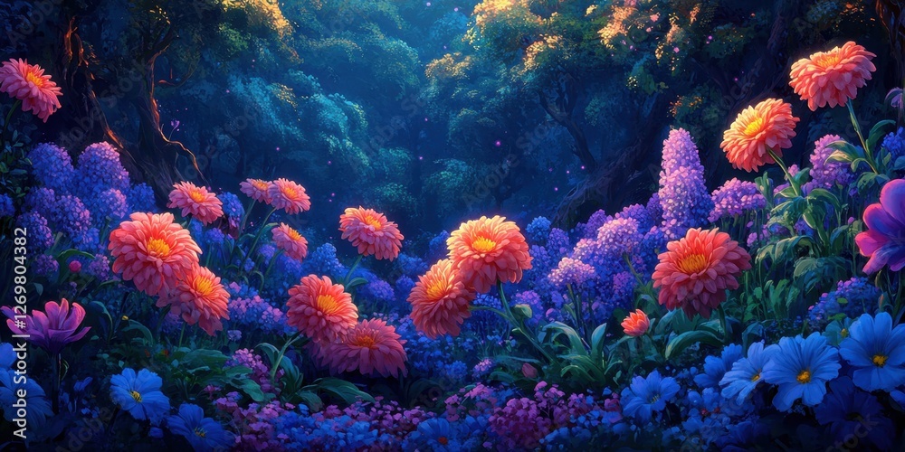 Naklejka premium Springtime Blossom Fantasy â€“ fluffy chrysanthemums, rain lilies, and violets in a playful setting.