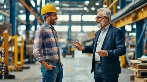 Engineer and Manager Discussing Project in Industrial Warehouse
