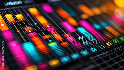 Colorful audio equalizer display on screen, music production, studio, glowing background, digital art