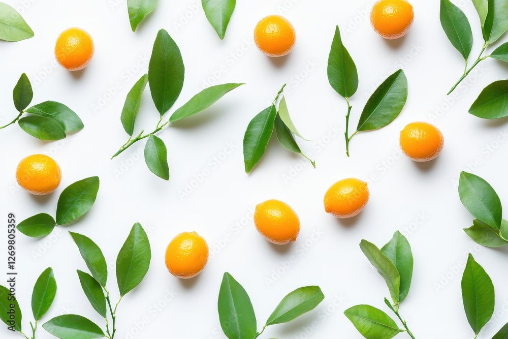 Kumquats and leaves on white backdrop Kumquats and leaves on white backdrop